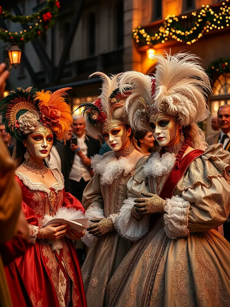 A vibrant image of participants dressed in elaborate historical costumes at a POUDREE MASQUEE EN CHARENTE cultural event, emphasizing the immersive cultural experience.
