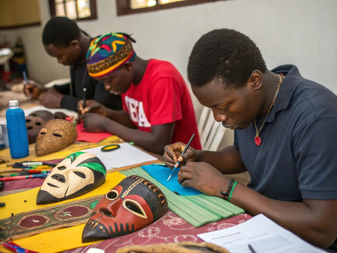 A detailed photograph showcasing participants deeply engaged in a Venetian mask-making workshop, set in a brightly lit studio with various tools and materials scattered around.