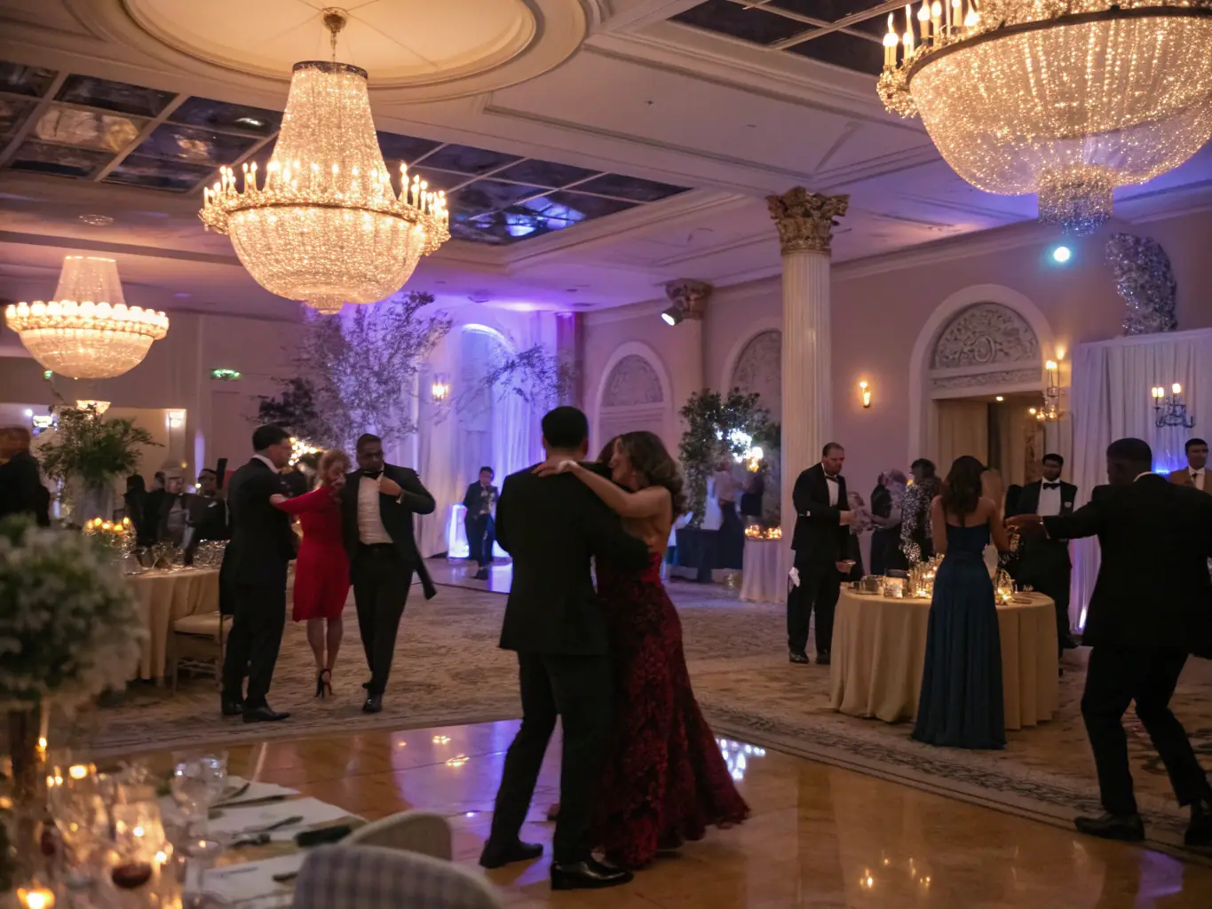 A vibrant image capturing a historical costume ball, featuring participants dressed in elaborate Venetian costumes, dancing in a grand hall adorned with chandeliers.