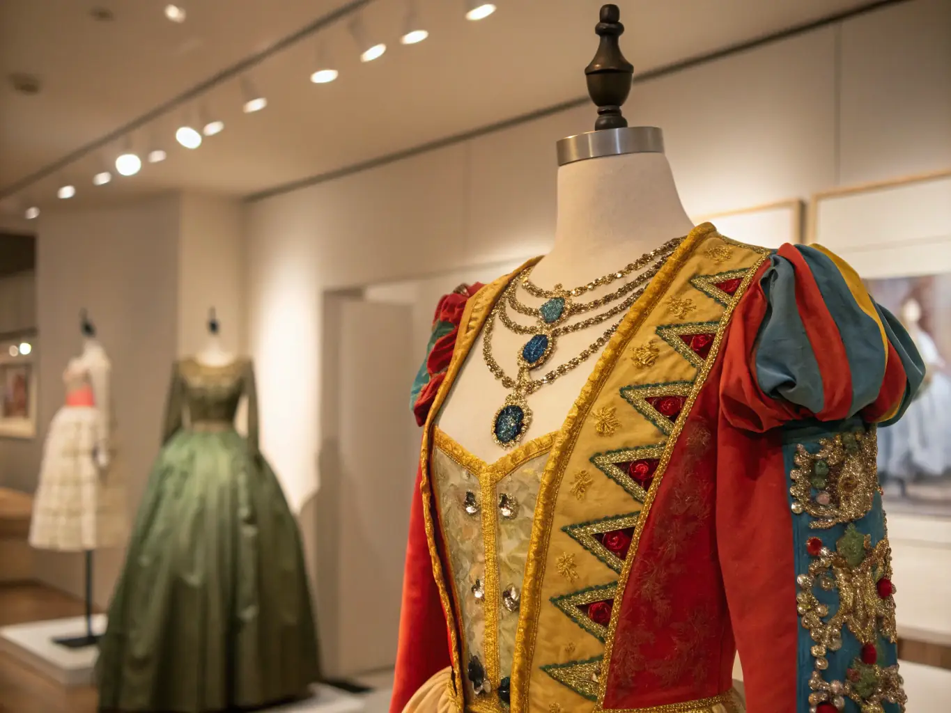 A detailed close-up shot of a meticulously crafted Venetian costume, showcasing intricate details, luxurious fabrics, and ornate embellishments, emphasizing the artistry and craftsmanship involved in historical costume design.