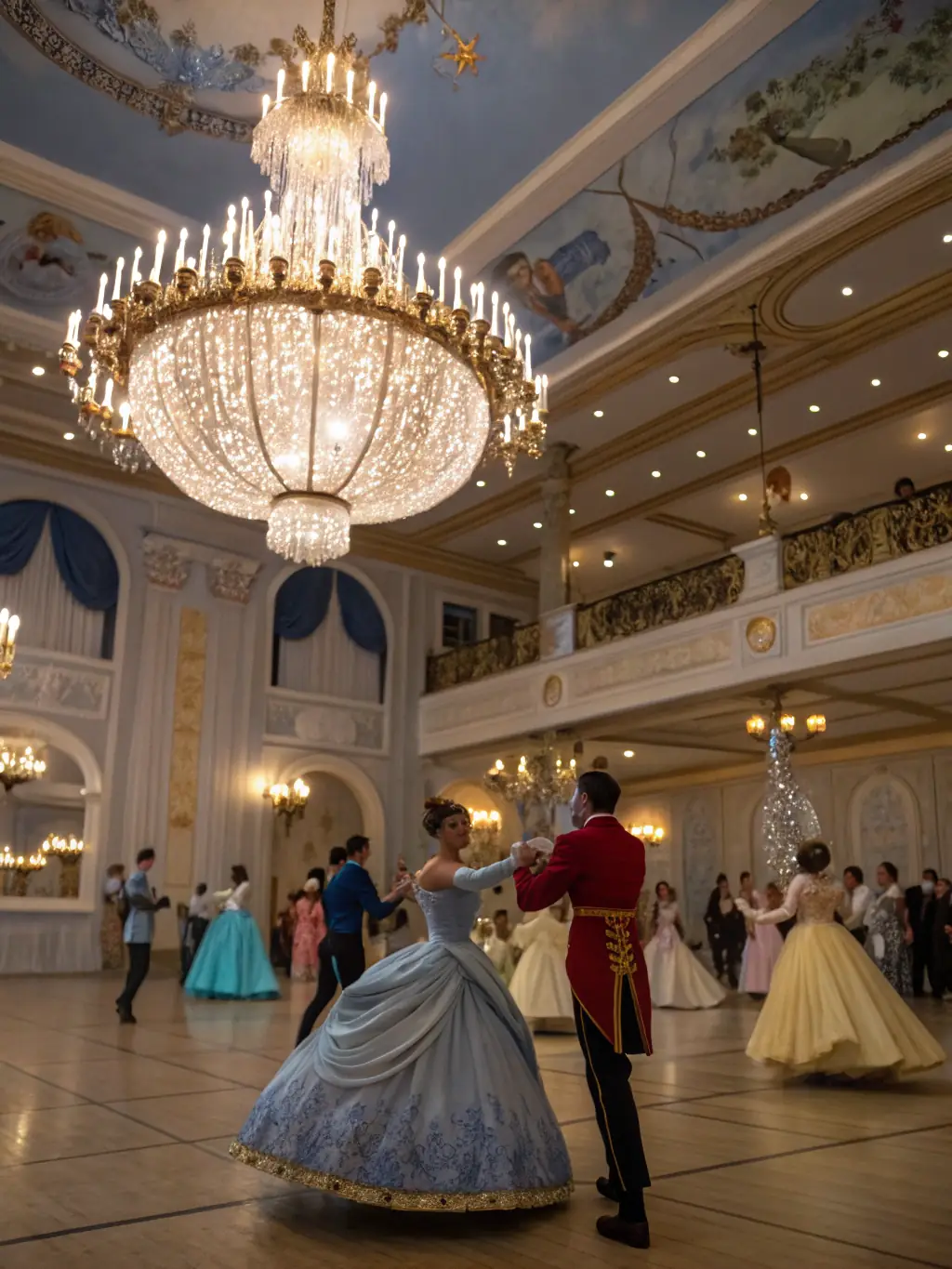 A photograph capturing the elegance and grandeur of a historical costume ball organized by POUDREE MASQUEE EN CHARENTE, featuring attendees in elaborate costumes dancing in a beautifully decorated hall.