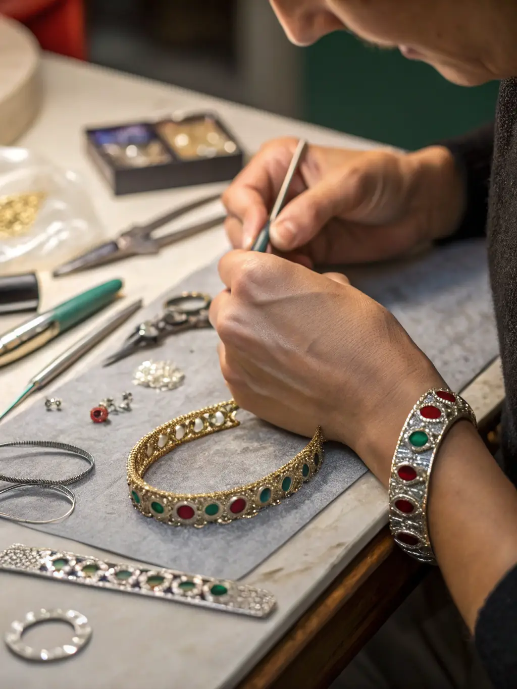 A close-up shot of a skilled artisan demonstrating the art of crafting Venetian accessories, such as hats or jewelry, during a workshop, highlighting the precision and craftsmanship involved.