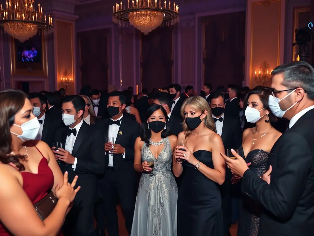 A photograph capturing the excitement of a Venetian masked ball, with participants adorned in elaborate costumes, dancing and socializing in a beautifully decorated setting, highlighting cultural celebration and community interaction.